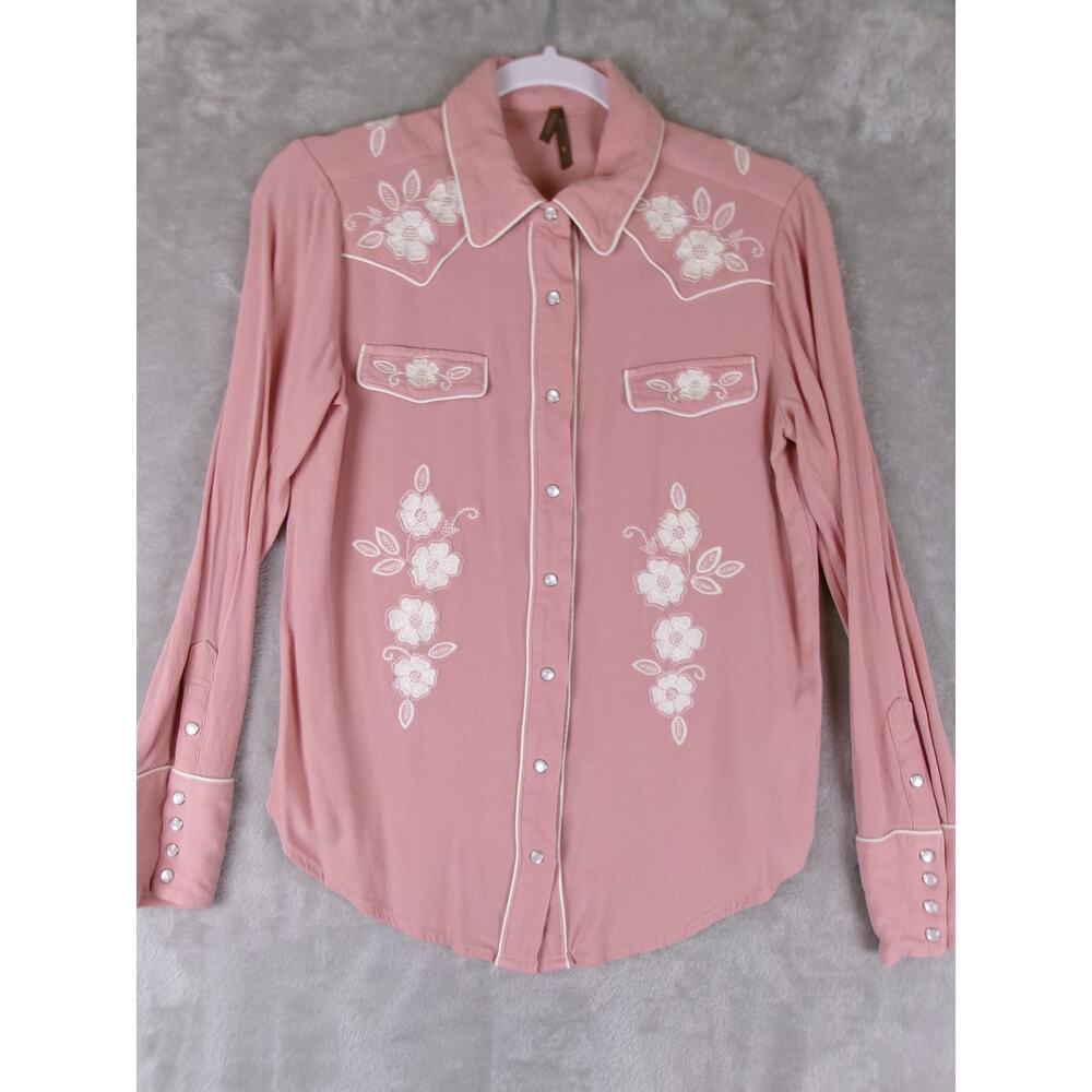 Stetson Pink Floral Embroidered Pearl Snap Western Shirt S